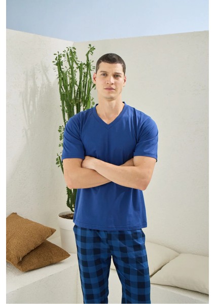 Büyük Beden V Yaka Kısa Kol Erkek Pijama Takım 2208