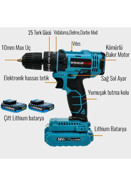EEA256 Kömürlü Akülü 58VF Darbeli Vidalama Matkap Seti (Mavi) modelleri