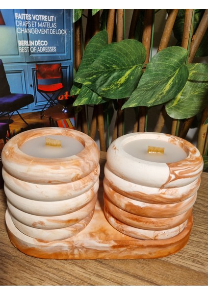 Kiremit Renk Geçişli Dekoratif Tabakta 2'li Set, Bubble Lavanta Kokulu Ahşap Fitilli Mum