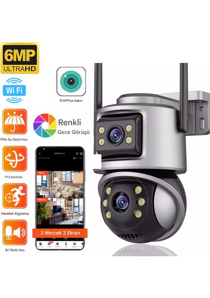 232 Wifi 6mp Dual Lens Ip 360° Güvenlik Kamerası 128 Gb| Hareketli Kablosuz, Gece Görüşü, Kişi Takibi, Türkçe Sesli Görüşme Dış İç Kamera
