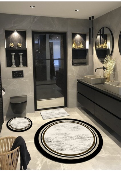 Lovely - Krem Kaymaz Anti-Slip Dökülmez Taban Yuvarlak Banyo Halısı 100 x 100 cm + 60 x 60 cm + 40 x 60 cm cm 3'lü