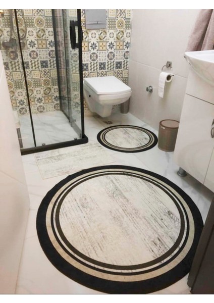 Lovely - Krem Kaymaz Anti-Slip Dökülmez Taban Yuvarlak Banyo Halısı 100 x 100 cm + 60 x 60 cm + 40 x 60 cm cm 3'lü modelleri