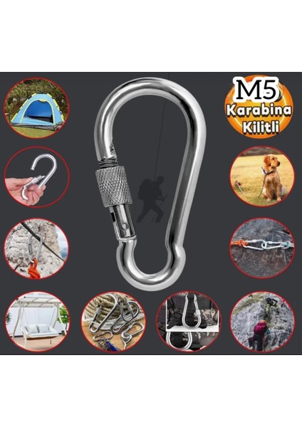 Karabina Kilitli Yaylı Kanca Paslanmaz Salıncak Hamak Anahtar Askı Kilidi 5 Mm