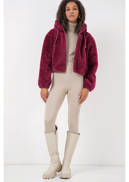 5193 Kapüşonlu Peluş Crop Ceket - Mürdüm