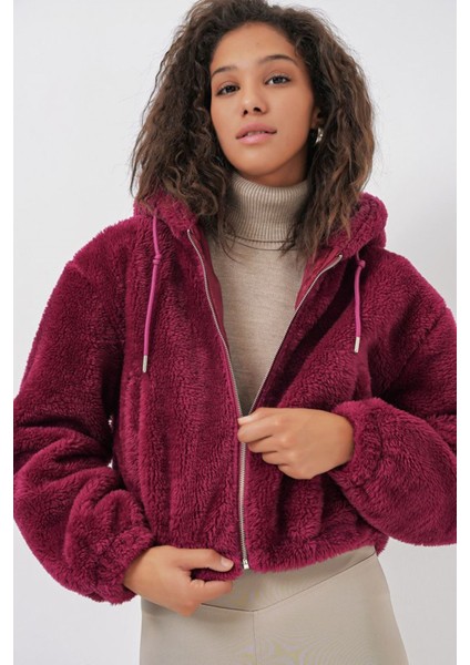 5193 Kapüşonlu Peluş Crop Ceket - Mürdüm