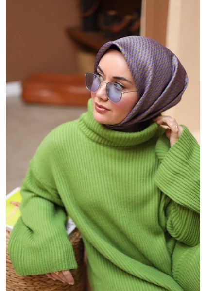 Lila-Yeşil Geometrik Desenli Tivil Ipek Eşarp IST11421-36 modelleri