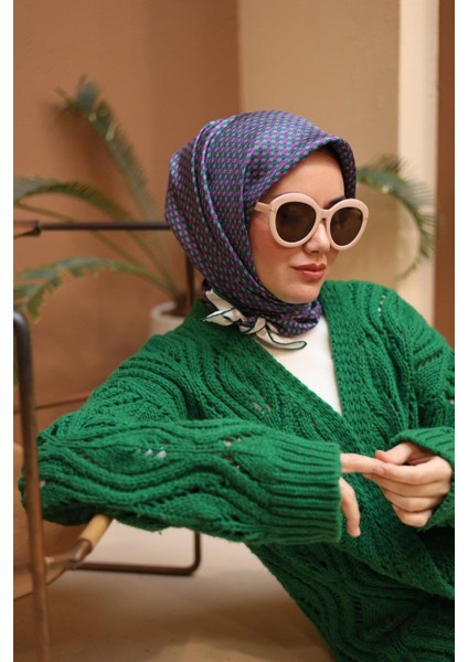 Mor-Yeşil Geometrik Desenli Tivil Ipek Eşarp IST11421-16