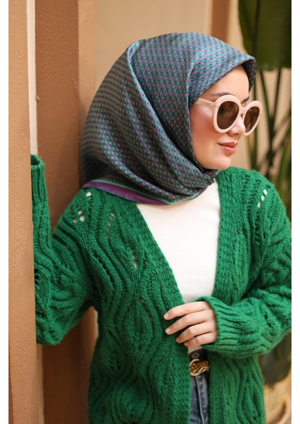 Mor-Turkuaz Geometrik Desenli Tivil Ipek Eşarp IST11421-05