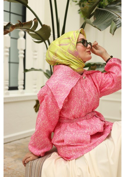 Yeşil Pembe Desenli Tivil Ipek Eşarp IST11433-19