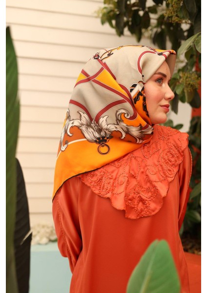 Tivil Ipek Eşarp IST11436-17 Turuncu, Taba, Beyaz,bordo, Gri, Siyah Karışık Desen