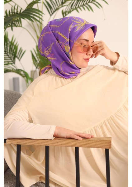 Eflatun Sarı Desenli Tivil Ipek Eşarp IST11433-30