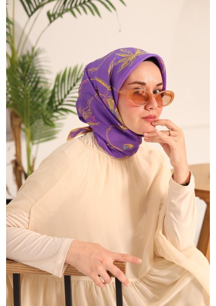 Eflatun Sarı Desenli Tivil Ipek Eşarp IST11433-30 indirimleri