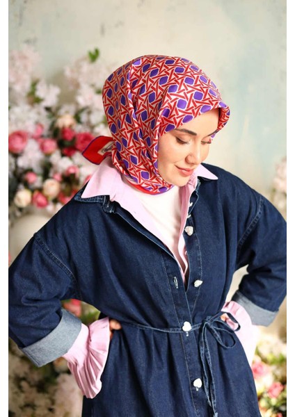 Kırmızı Mor Gri Karma Desen Tivil Ipek Eşarp IST11424-74 modelleri