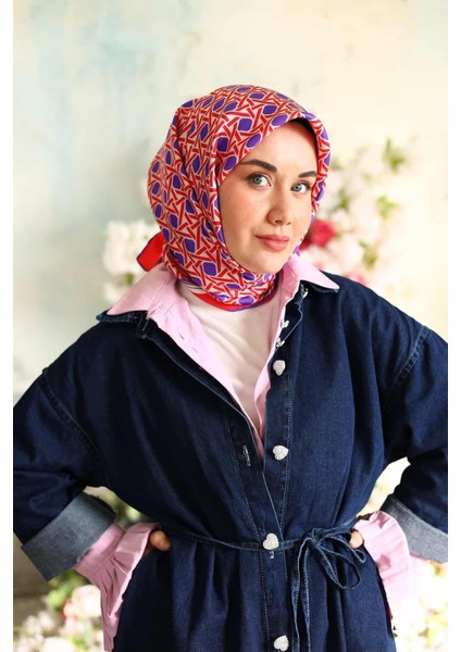 Kırmızı Mor Gri Karma Desen Tivil Ipek Eşarp IST11424-74 indirimleri