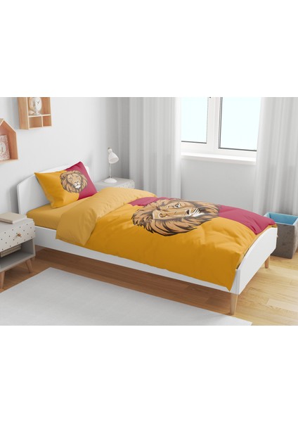 Sarı Kırmızı Aslan 3D Dijital Baskılı Tek Kişilik Çarşafsız Nevresim Takımı Çocuk Nevresim Takımı modelleri