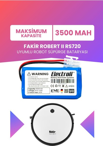 Fakir Robert Iı RS720 Uyumlu Batarya (Maksimum Kapasite) 3500MAH Robot Süpürge Bataryası 41004400