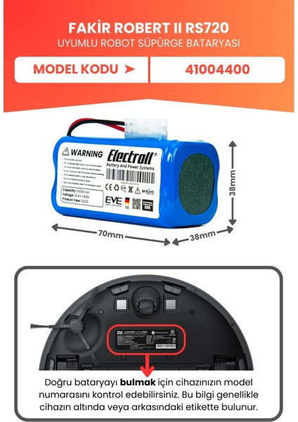 Fakir Robert Iı RS720 Uyumlu Batarya (Yüksek Kapasite) 2800MAH Pil Robot Süpürge Bataryası 41004400 fiyatları