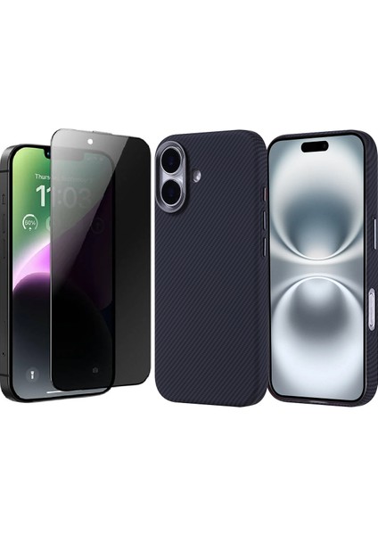 Apple iPhone 16 Kılıf Magsafe Şarj Özellikli Karbon Fiber Görünümlü Zore Nekst Kapak + Hayalet Ekran Koruyucu