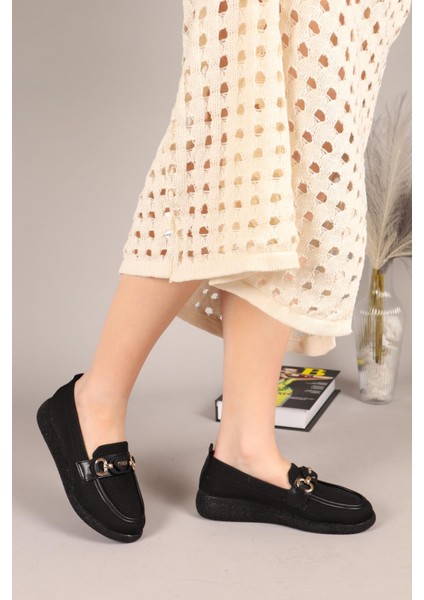 Minty Önü Tokalı Triko Babet Siyah