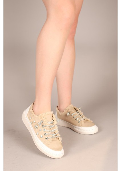 Gusta Taş Bağcıklı Taş Detaylı Sneakers Kot Bej