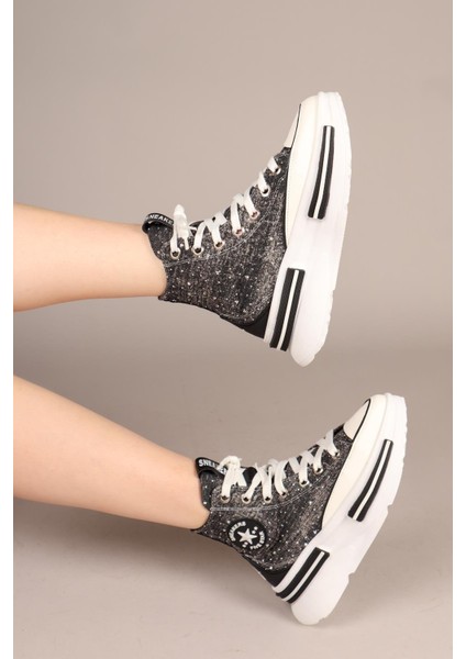 Joyful Taş Aksesuarlı Bilekli Kot Sneakers Siyah