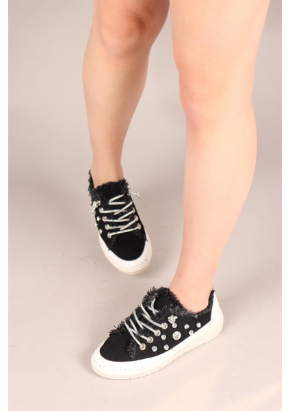 Gusta Taş Bağcıklı Taş Detaylı Sneakers Kot Siyah