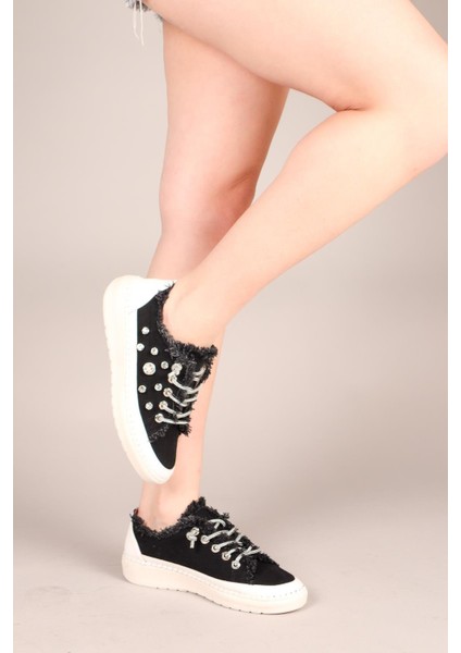 Gusta Taş Bağcıklı Taş Detaylı Sneakers Kot Siyah