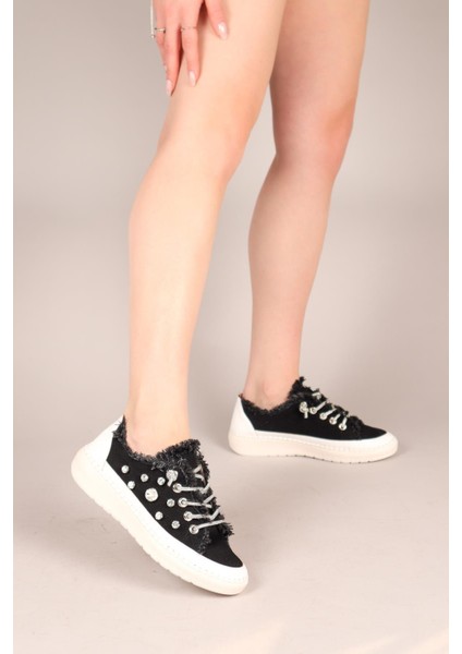Gusta Taş Bağcıklı Taş Detaylı Sneakers Kot Siyah