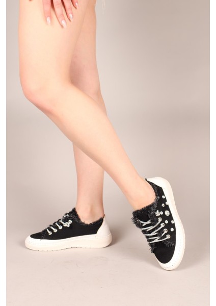 Gusta Taş Bağcıklı Taş Detaylı Sneakers Kot Siyah