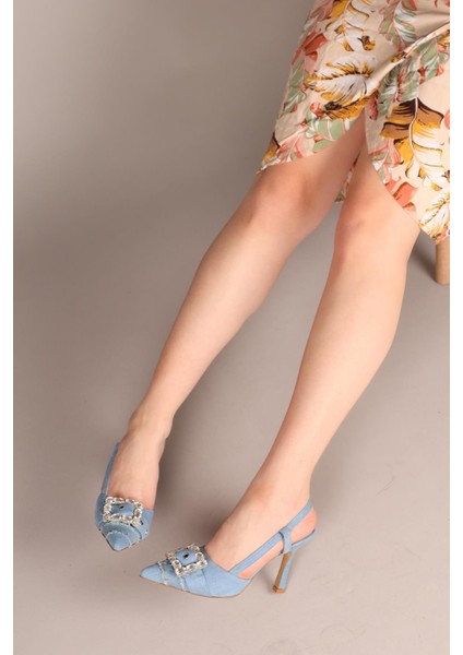 Sandy Taşlı Kot Topuklu Ayakkabı Mavi