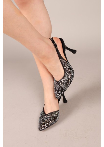 Lelantos Parlak Taşlı Arkası Açık Stiletto Siyah