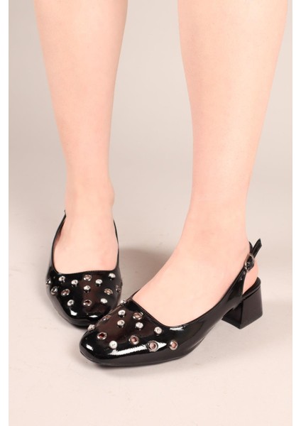 Breezy Kuş Gözü Taşlı Rugan Alçak Topuklu Ayakkabı Siyah modelleri