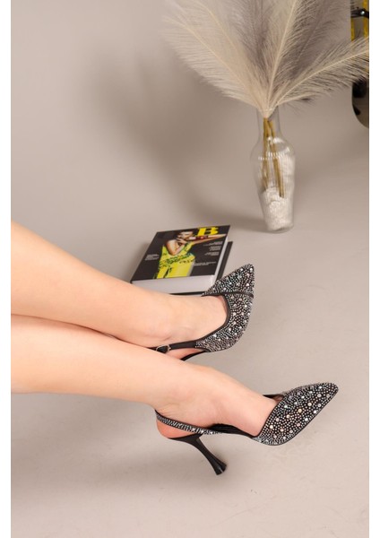 Lelantos Parlak Taşlı Arkası Açık Stiletto Siyah
