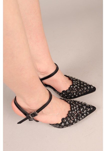 Tiber Önü Taşlı Topuklu Stiletto Siyah