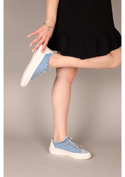 Reina Taş Bağcık ve Aksesuarlı Kot Sneakers Mavi