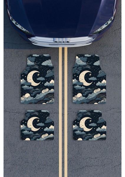 Modern Dijital Baskı Mavi Gece Hilal ve Bulut Universal Araba Paspası, Oto Paspas