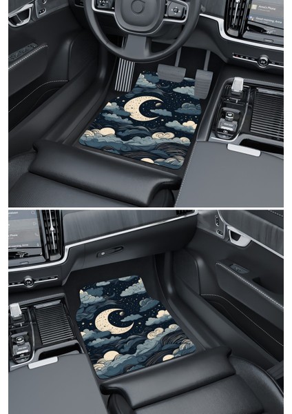 Modern Dijital Baskı Mavi Gece Hilal ve Bulut Universal Araba Paspası, Oto Paspas modelleri