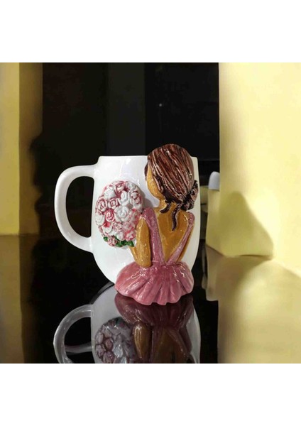 3D Kabartma El Emeği Göz Nuru Gül Buketli Çiçekli Seramik KUPA BARDAK 400 ml