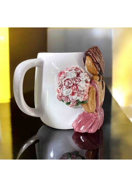 3D Kabartma El Emeği Göz Nuru Gül Buketli Çiçekli Seramik KUPA BARDAK 400 ml