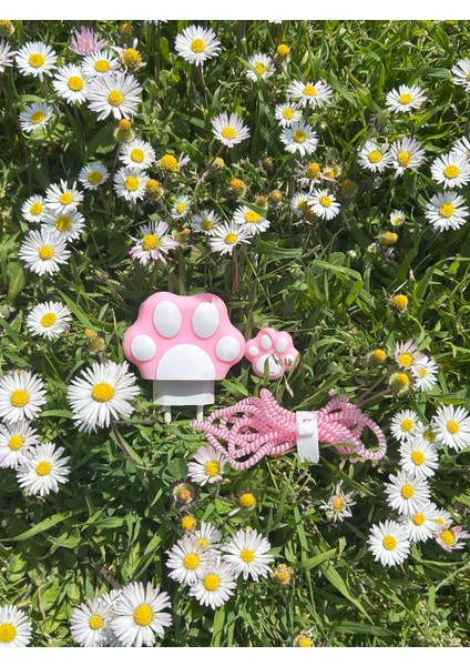 Pembe Pati Desenli Şarj Aleti Koruma Kılıf Set