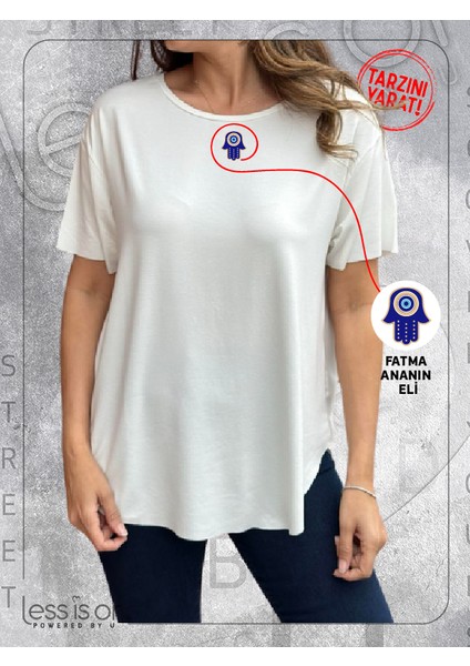 Fatma Ana'nın Eli Desenli Bisiklet Yaka Beyaz Basic Tshirt