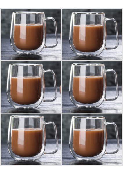 Çift Cidarlı Kahve ve Çay Kupası 6‘ Lı Set 250 ml Kahve Bardağı - Kulplu Cam Bardak Seti