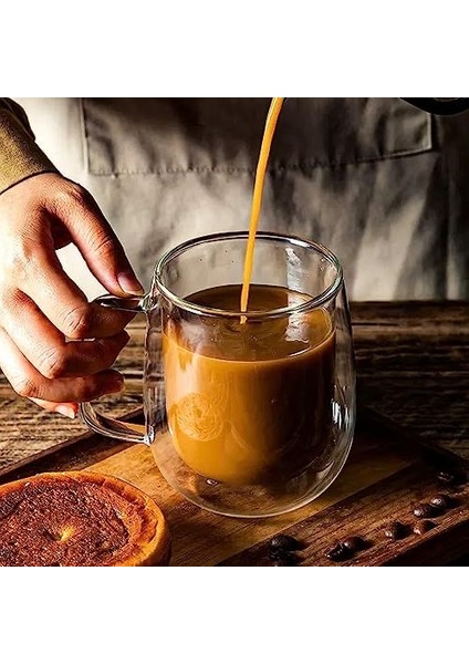 Çift Cidarlı Kahve ve Çay Kupası 6‘ Lı Set 250 ml Kahve Bardağı - Kulplu Cam Bardak Seti