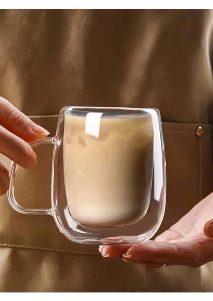 Çift Cidarlı Kahve ve Çay Kupası 6‘ Lı Set 250 ml Kahve Bardağı - Kulplu Cam Bardak Seti