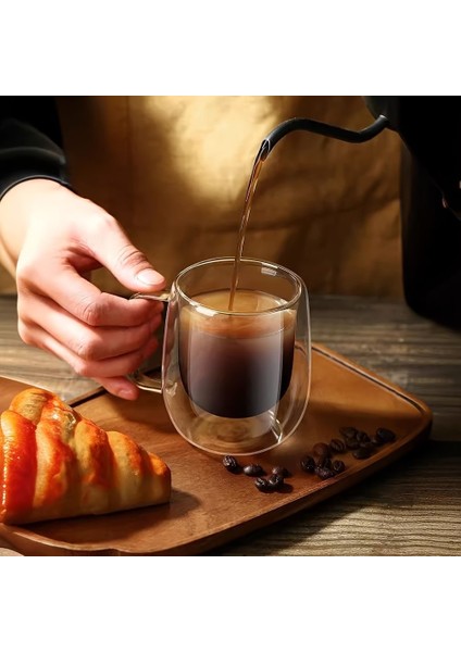 4 Adet Çift Cidarlı Kahve ve Çay Kupası 250 ml Kahve Bardağı - Isı Yalıtımlı Kulplu Cam Bardak