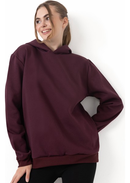 Kadın Kapüşonlu Basic Regular Sweatshirt Bordo