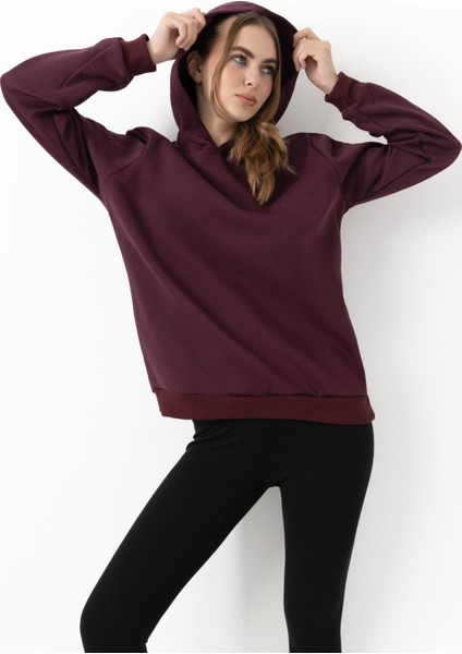 Kadın Kapüşonlu Basic Regular Sweatshirt Bordo