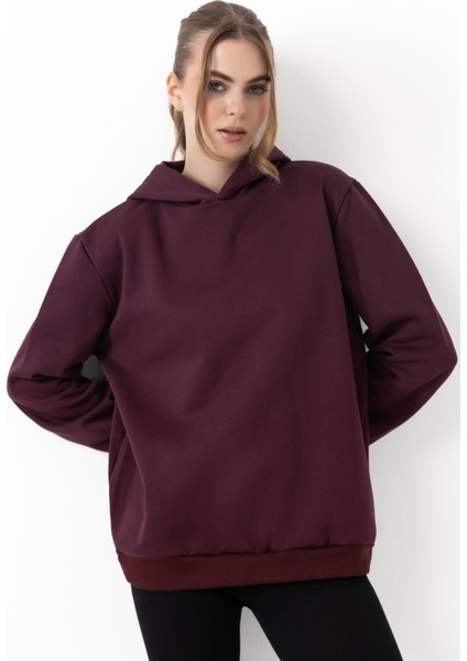 Kadın Kapüşonlu Basic Regular Sweatshirt Bordo