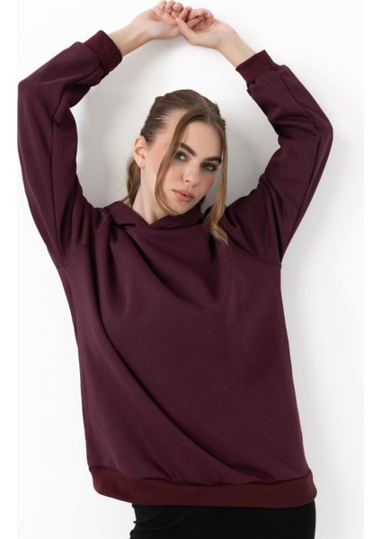 Kadın Kapüşonlu Basic Regular Sweatshirt Bordo