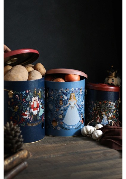 Fairytale Desenli Metal Sebzelik Seti, Patateslik, Soğanlık, Sarımsaklık